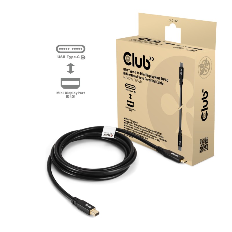 Club 3D CAC-1561 USB-C til Mini DisplayPort 2.1 kabel 2m Sort Club 3D CAC-1561 USB-C til Mini DisplayPort 2.1 kabel 2m Sort